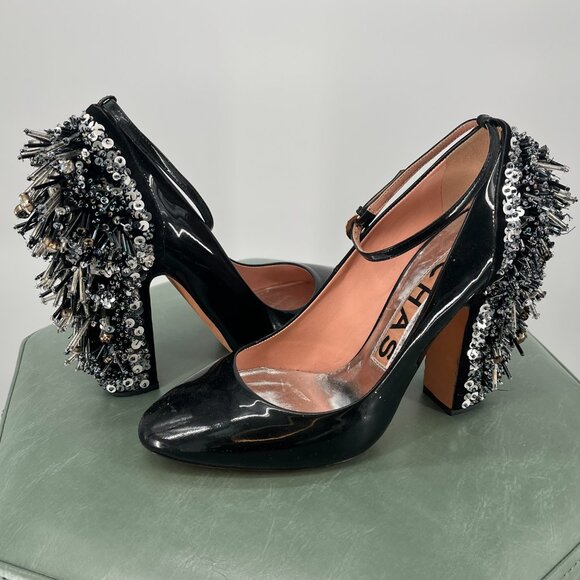 2010 ROCHAS Rare Black Metal Fringe Studded Heels in Size 39 - Picture 2 of 9